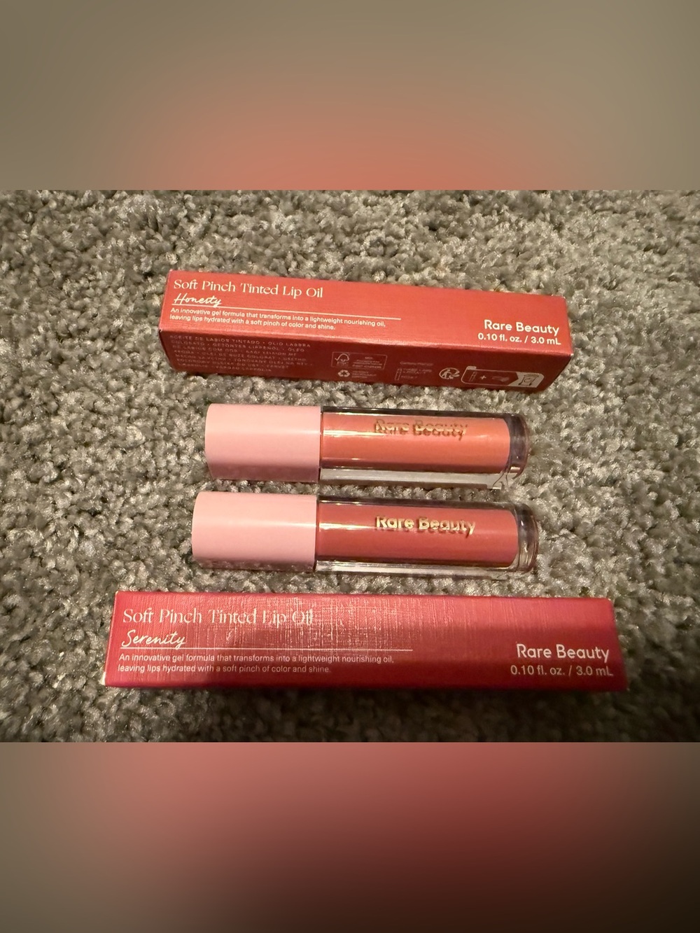 Rare Beauty Soft Pinch Tinted Lip Oil Duo — Peachy Coral and Rose Pink